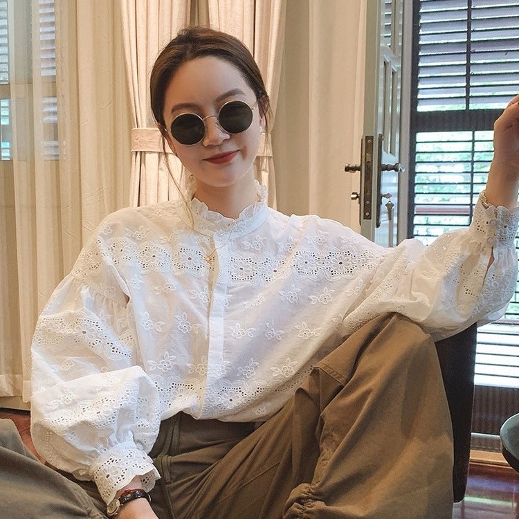 Áo Sơ Mi Vải Cotton Dáng Rộng Phối Ren Lỗ Thêu Họa Tiết Phong Cách Pháp Thời Trang Mùa Thu Mới Cho Nữ