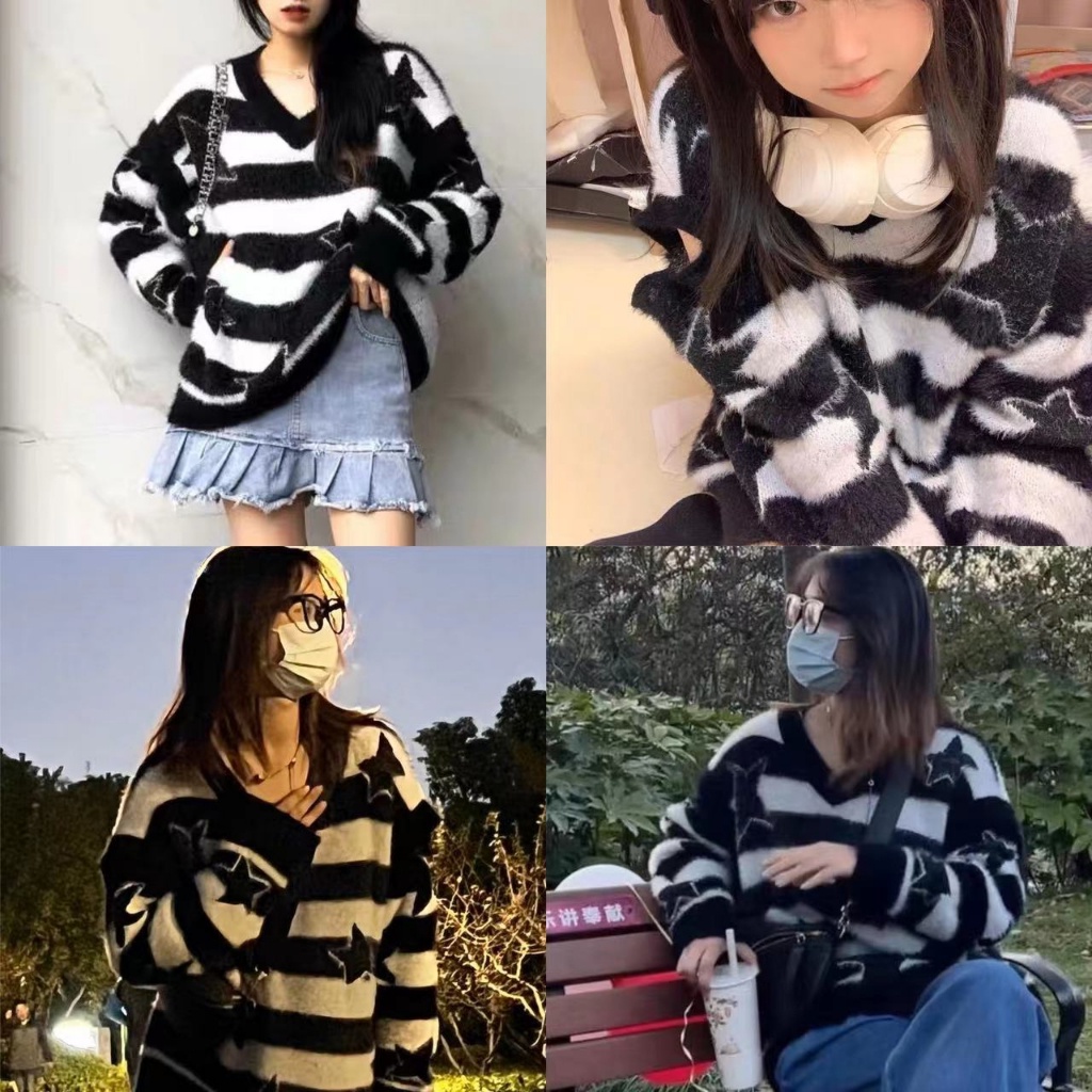 Áo sweater Kẻ Sọc Cổ Chữ v Thoáng Khí Co Giãn Dài Phong Cách retro Hàn Quốc Cho Nữ