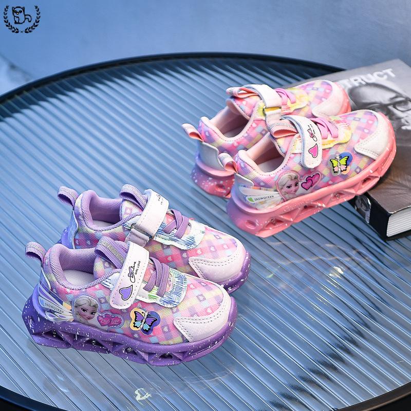 Giày Thể Thao Đế Mềm Chống Trượt Thoáng Khí Có Đèn led Dạ Quang Hình Công Chúa elsa Dành Cho Bé Gái
