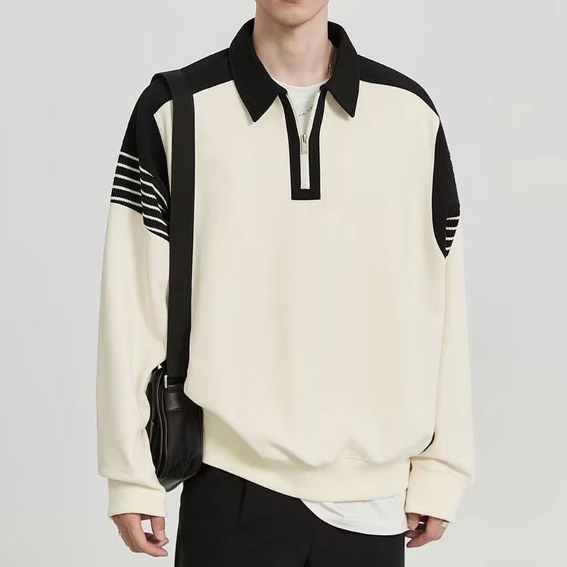 Áo Thun polo Tay Dài Có Khóa Kéo Nửa Màu Tương Phản Phong Cách Hàn Quốc Sang Trọng Thời Trang Cho Nam