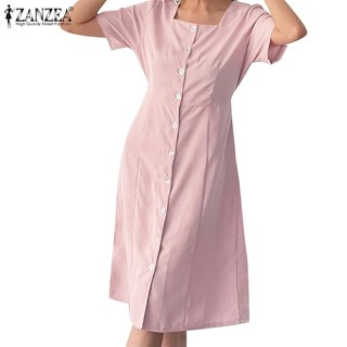 Zanzea Đầm midi Nữ Tay Ngắn Cổ Chữ u Màu Trơn Phong Cách Hàn Quốc