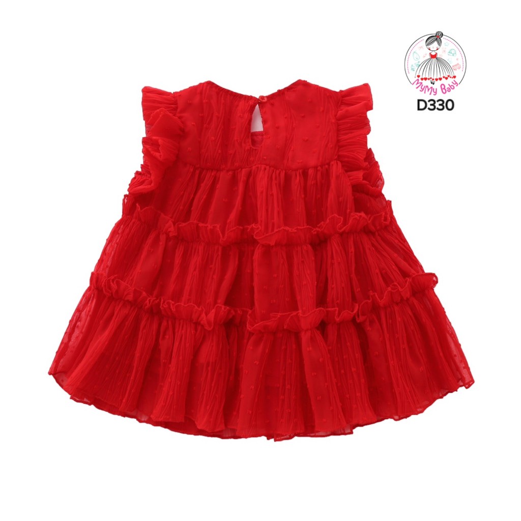 Đầm tầng đỏ nơ vàng sát nách kèm băng đô nơ