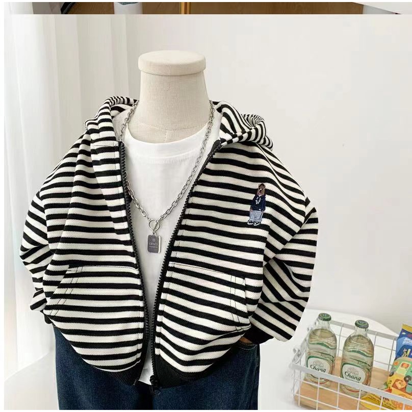 Áo Khoác Có Nón Phối Khóa Kéo Họa Tiết Kẻ Sọc Trắng Đen 80-140cm Phong Cách Hàn Quốc Thời Trang Mùa Thu Cho Bé
