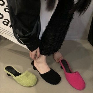 Giày Cao Gót Mũi Tròn Phối Lông Xinh Xắn Thời Trang