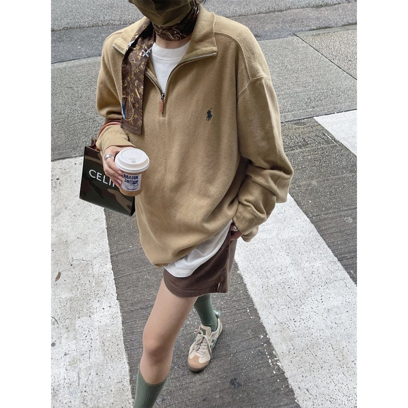 R-a55lph- lauren-small Áo hoodie Nửa Khóa Kéo Nửa Thêu Hình Ngựa Tiêu Chuẩn Cho Nam Và Nữ