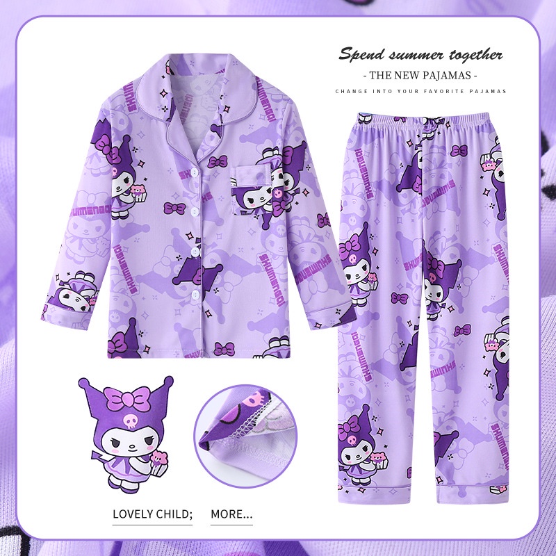 Sanrio Bé Gái Pyjama Phù Hợp Với Cinnamoroll Kuromi Dài Tay Váy Ngủ Hoạt Hình Giai Điệu Anime Dễ Thương Đồ Ngủ Sinh Viên Trẻ Em Homewear Quần Áo