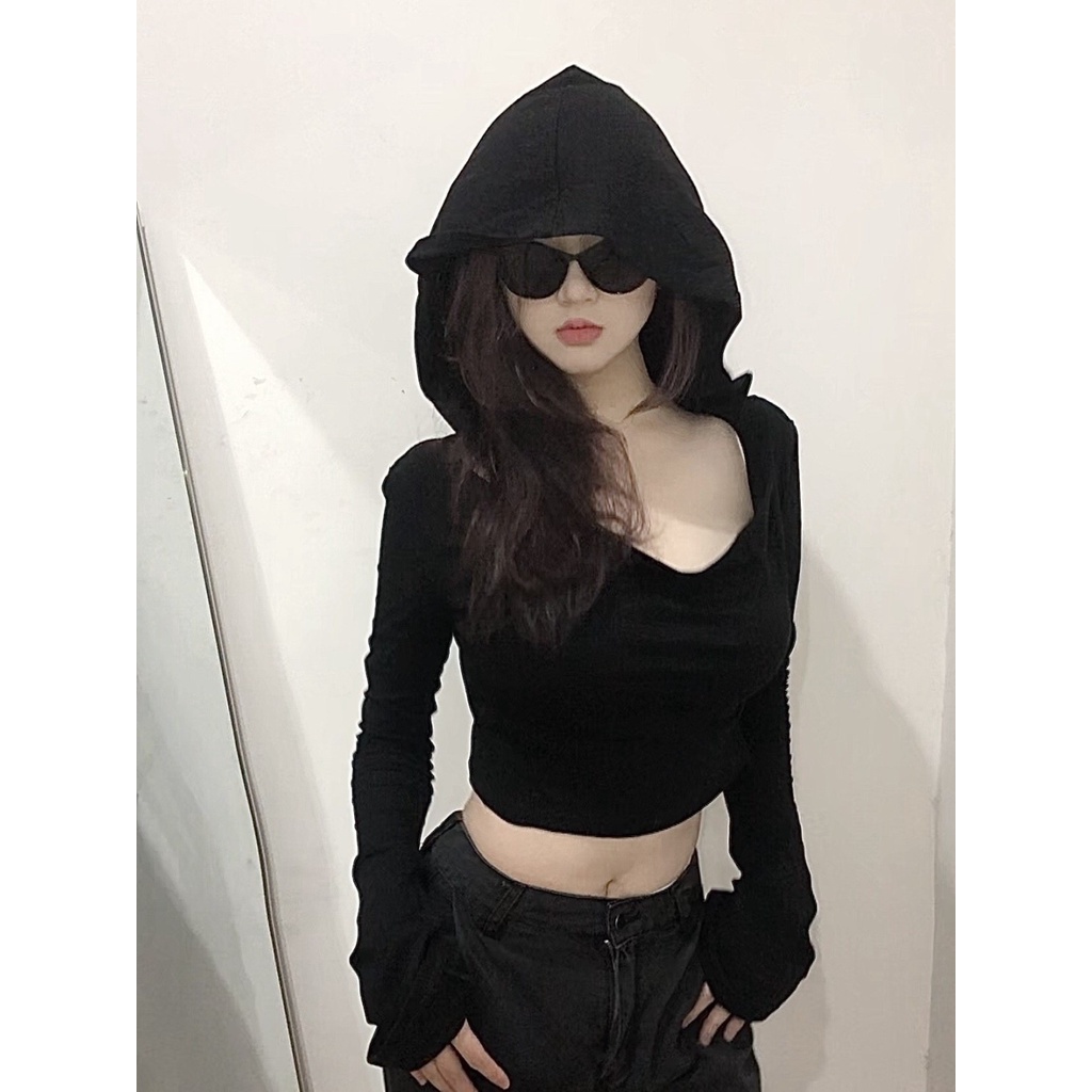 Đen Áo Hoodie Lửng Tay Dài Màu Trơn Dáng Ôm Thời Trang Mùa Thu Phong Cách Hàn Quốc