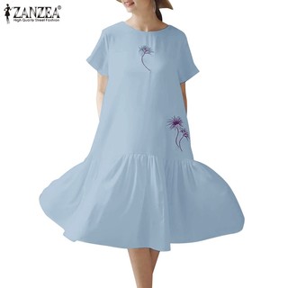 Đầm ZANZEA cổ tròn tay ngắn viền bèo thêu họa tiết phong cách Hàn Quốc thời trang cho nữ