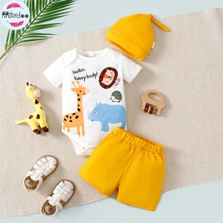 Set Đồ Mùa Hè 3 Món Gồm Áo Liền Quần Tay Cộc In Họa Tiết Hươu Cao Cổ + Quần Ngắn + Nón In Họa Tiết Cho Bé Trai 0-2 Tuổi