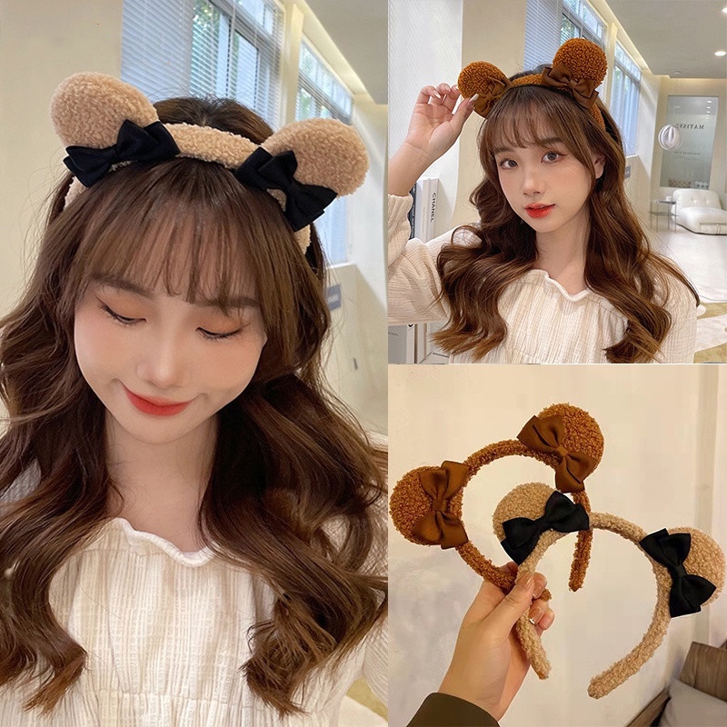 Băng đô cài tóc rửa mặt Tai Gấu Bằng Vải Bông Co Giãn Chống Trượt Dễ Thương Phong Cách Hàn Quốc