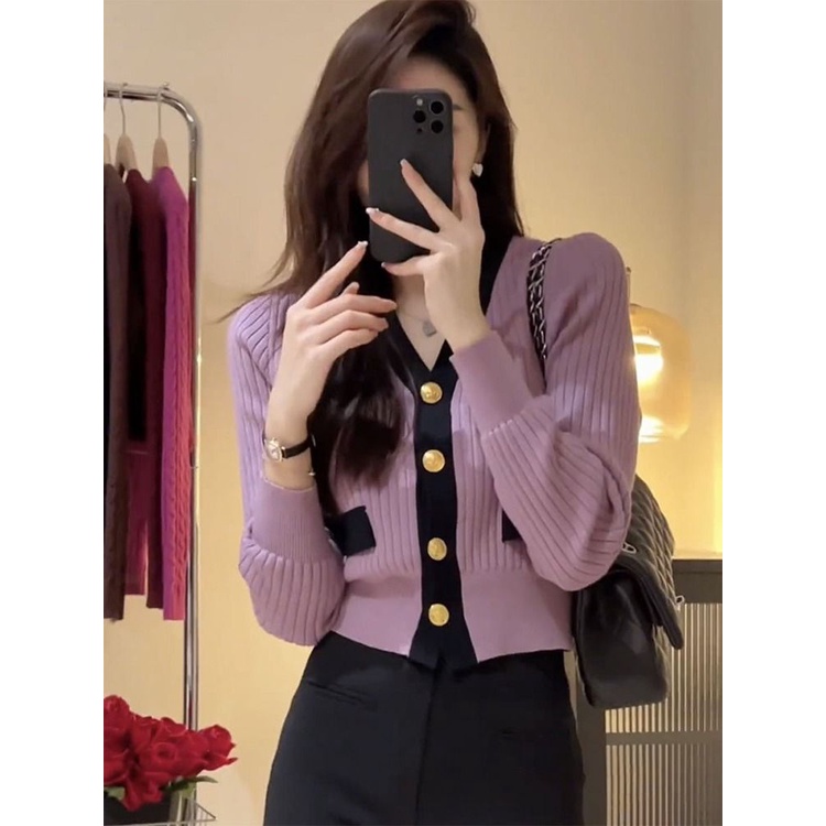 Áo Khoác cardigan Dệt Kim Dáng Ngắn Màu Tím Thời Trang Mùa Thu 2023 Mới