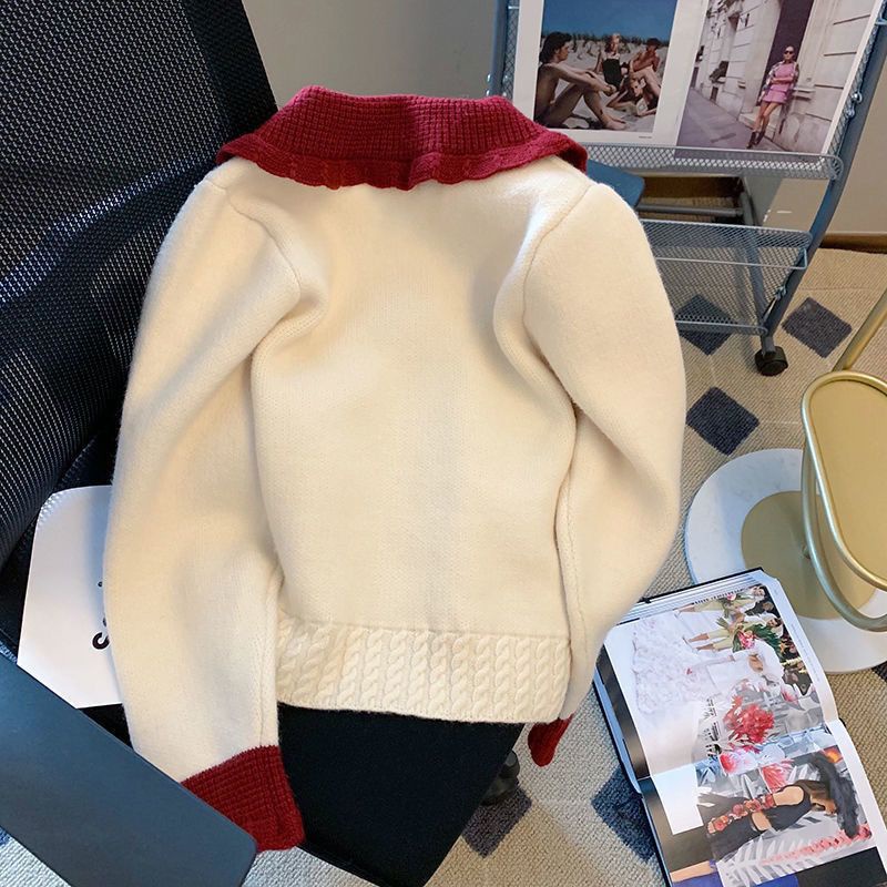 Áo sweater Dệt Kim Cổ Búp Bê Màu Tương Phản Thời Trang Thu Đông 2021 Mới Cho Nữ