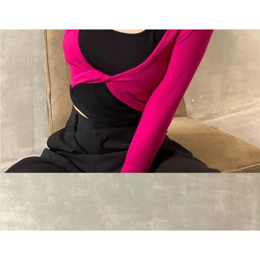 Áo Thun Tay Dài Giả Hai Lớp Phong Cách Hàn Quốc Thời Trang Thu Đông Cho Nữ