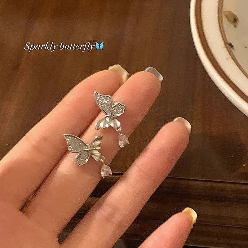 Bông Tai Mạ Bạc 925 Hình Bướm Đính Đá zircon Ngọt Ngào Thời Trang Cho Nữ