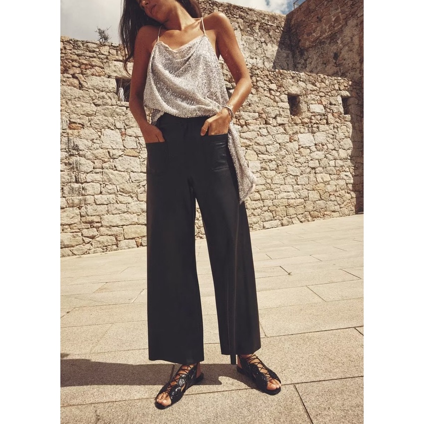 Zara Quần Dài Giả Da pu Ống Rộng Lưng Cao Thời Trang Mùa Thu Cho Nữ 2969240