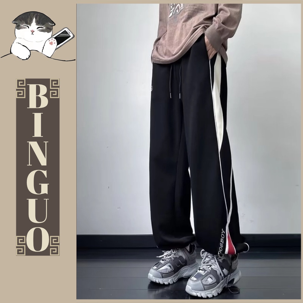 Quần ống rộng Họa Tiết Kẻ Sọc unisex Phong Cách Nhật Bản Kiểu dây rút quần thể thao nam dài Thời Trang Cho Cặp Đôi quần tây ống suông