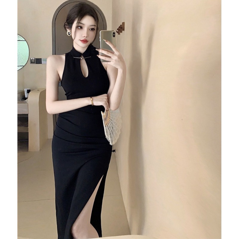 Đầm Sườn Xám Cách Tân Màu Đen Phong Cách Trung Hoa Thời Trang Mùa Hè Cho Nữ