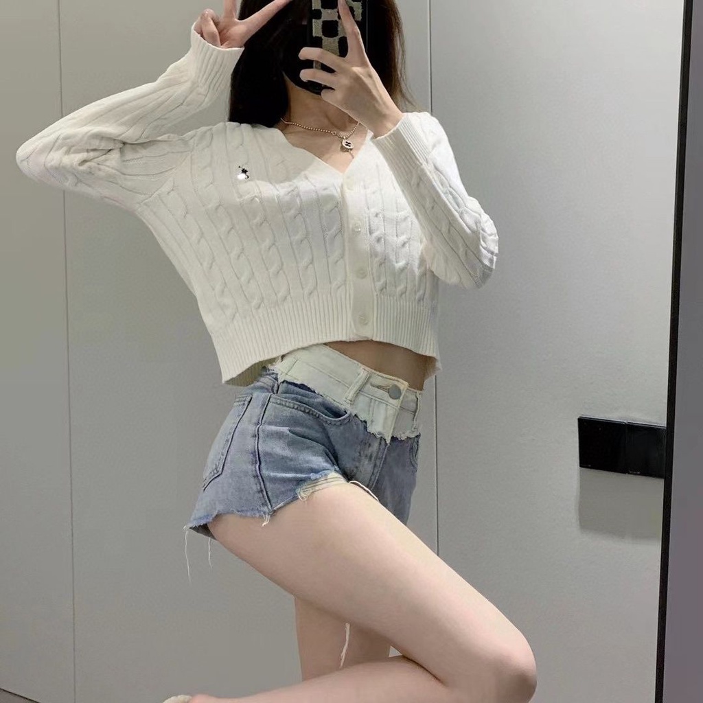 LP0J RalphLauren biao small waist short knitwear cardigan women's spring and autumn all-match twisted knitted sweater coat