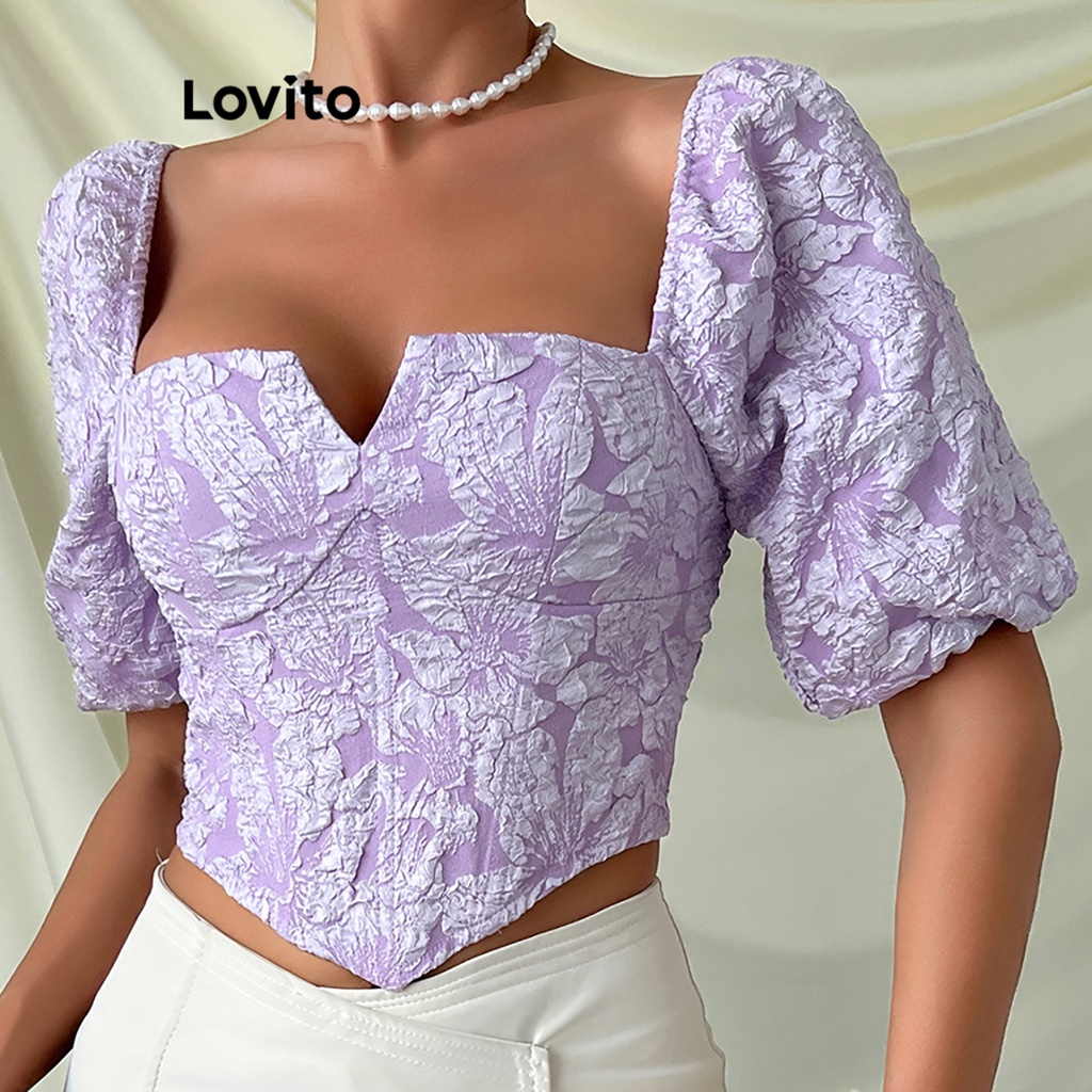Áo kiểu Lovito tay phồng thêu bất đối xứng hoa nhí thanh lịch cho nữ LNE19090 (Màu tím nhạt)