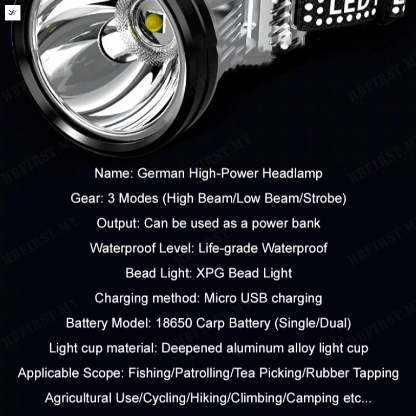 Youngyao   Đèn Pin Đội Đầu led Sạc Pin Công Suất Cao Chống Thấm Nước Cho Thể Thao Ngoài Trời