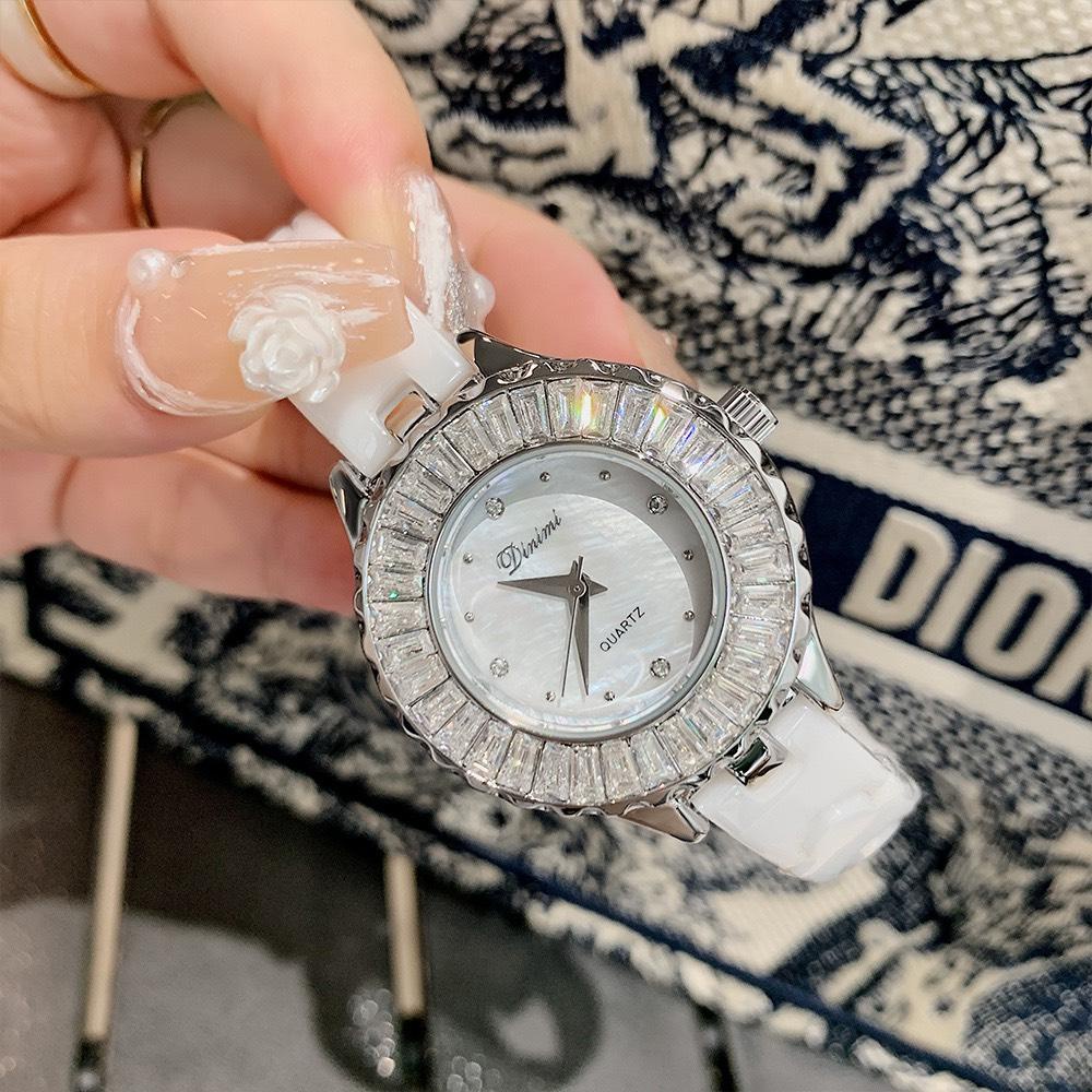 Đồng Hồ Nữ Chống Nước Chống Xước Dây Kim Loại Ceramic, Mặt Đính Đá Phong Cách DINIMI 77049 Hàng Chính Hãng- BH 6 Tháng