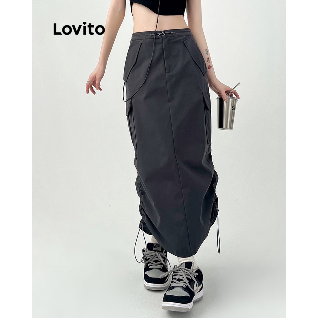 Chân váy Lovito có túi phối dây rút màu trơn thường ngày cho nữ LNA18047