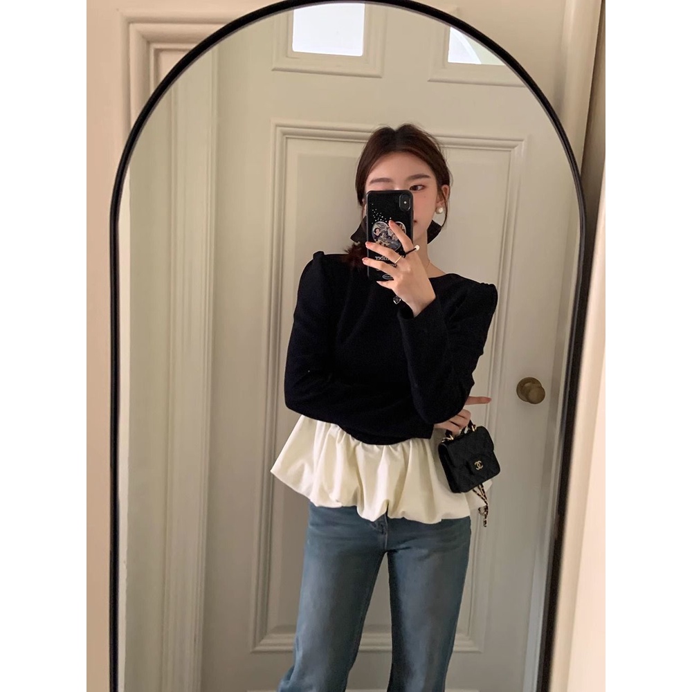 Áo Sơ Mi Dài Tay Cổ Tròn Phối Màu Tương Phản Phong Cách retro Hàn Quốc Thời Trang Mùa Thu Cho Nữ