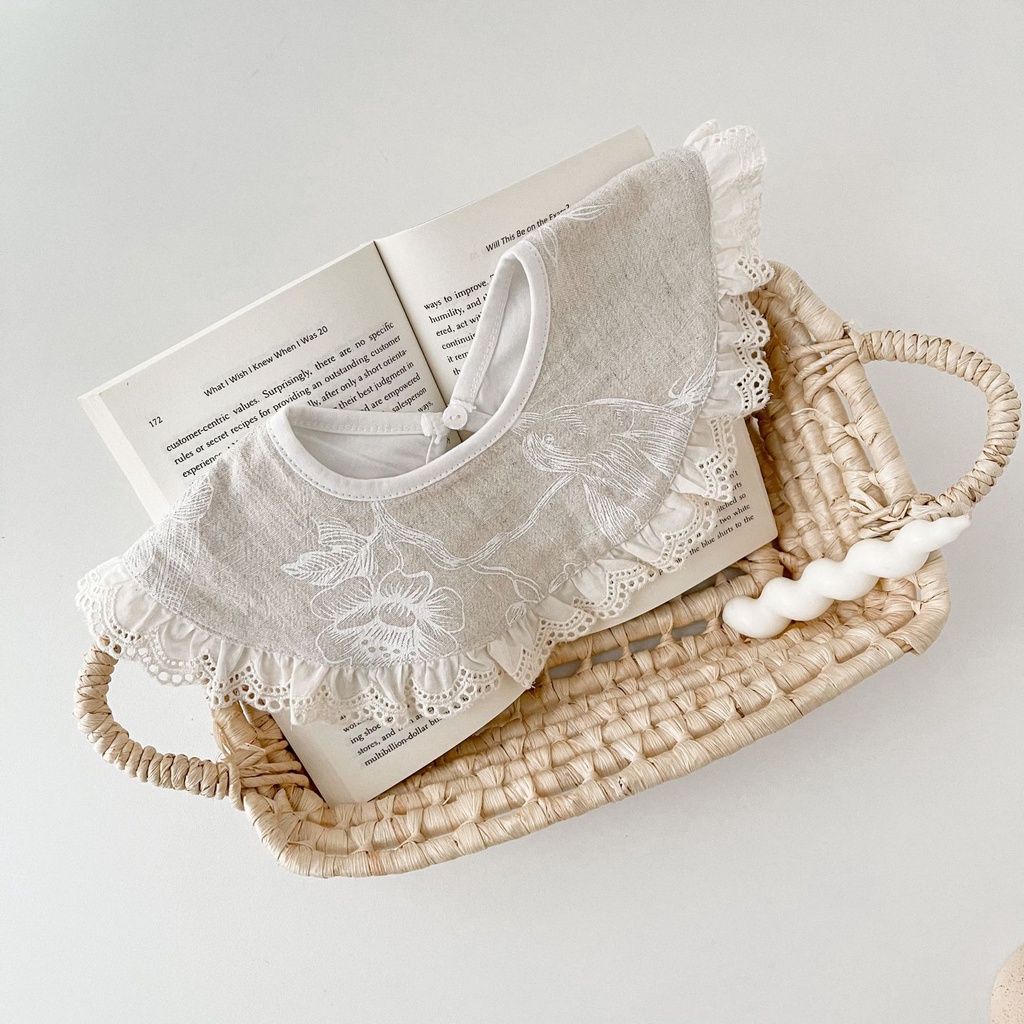 Yếm Ăn Vải Lanh cotton Phối Ren Phong Cách Nhật Bản Cho Bé