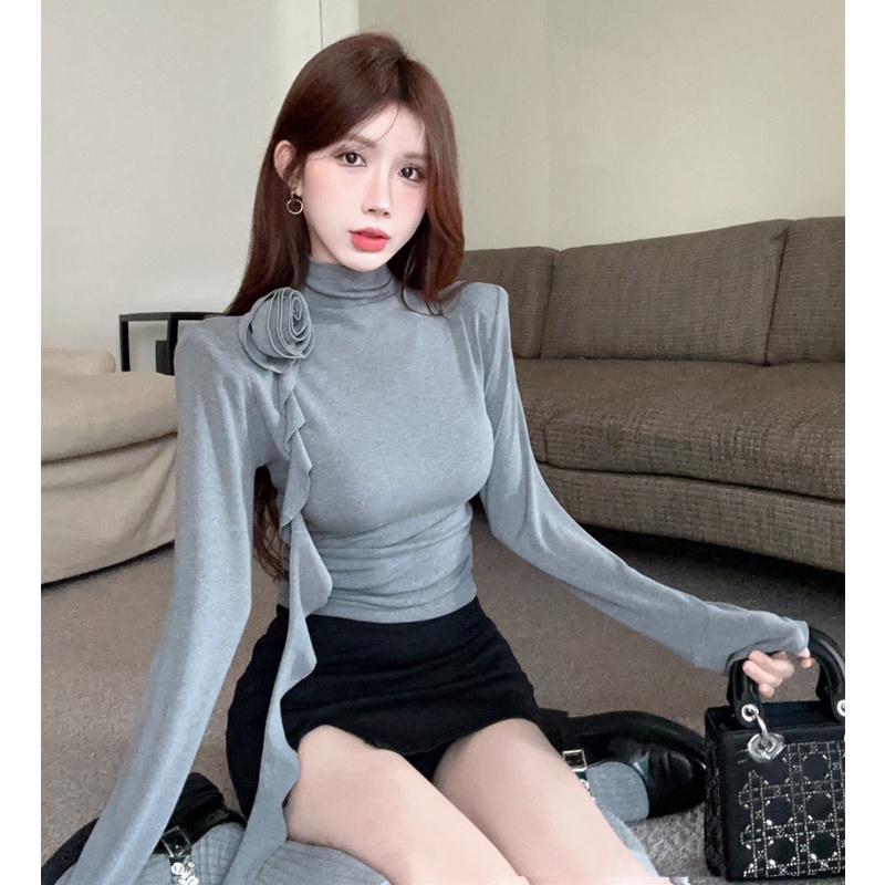 Áo Thun Tay Dài Cổ Cao Dáng Ôm Thời Trang Thu Đông Cho Nữ
