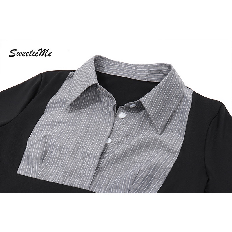 Sweeticme Áo Sơ Mi polo Tay Dài Loe Ôm Dáng Họa Tiết Kẻ Sọc Màu Tương Phản Thời Trang Mới 2023 Dành Cho Bạn Nữ