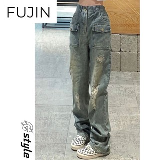 Fujin quần ống rộng chân váy jean american retro style jeans 2023 new style 080404