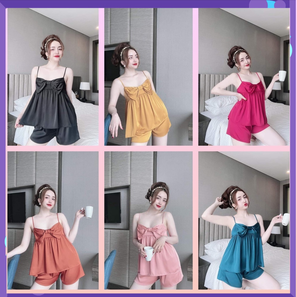 Đồ ngủ sexy, đồ ngủ hai dây, đồ bộ nữ mặc nhà satin nơ lớn mềm mịn mát dưới 55kg - cn67