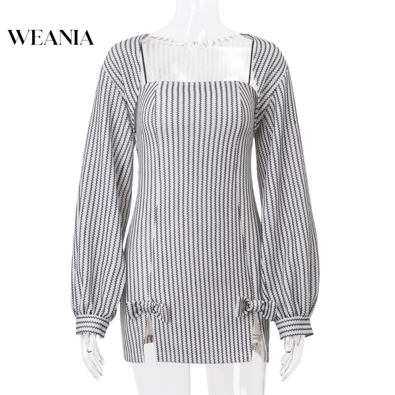 Set Đầm mini 2 Món Tay Phồng Dài Thiết Kế Xẻ Tà Kẻ Sọc Đính Nơ Thời Trang Mới Cho Nữ