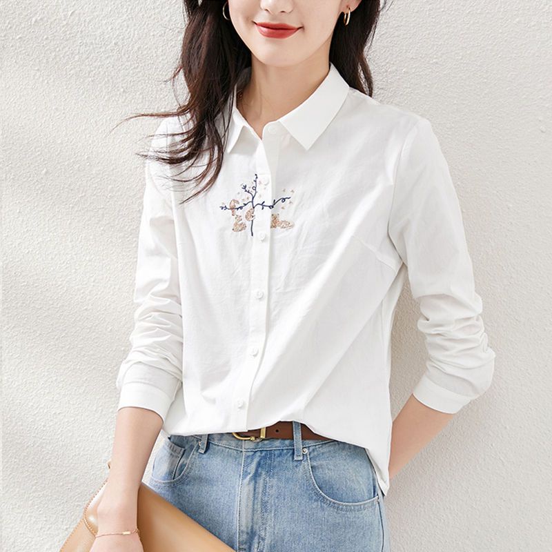 Áo Sơ Mi cotton Dài Tay Thêu Họa Tiết Thời Trang Xuân Thu Mới Cho Nữ
