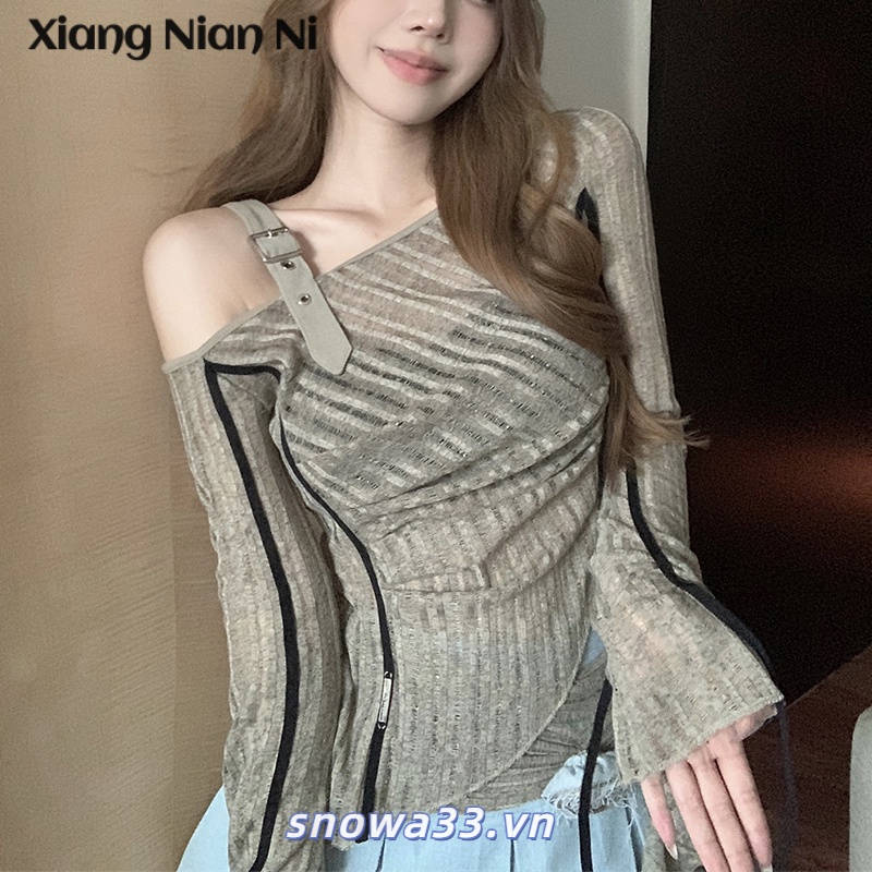Áo Thun Dệt Kim Tay Dài Trễ Vai Quyến Rũ Cho Nữ