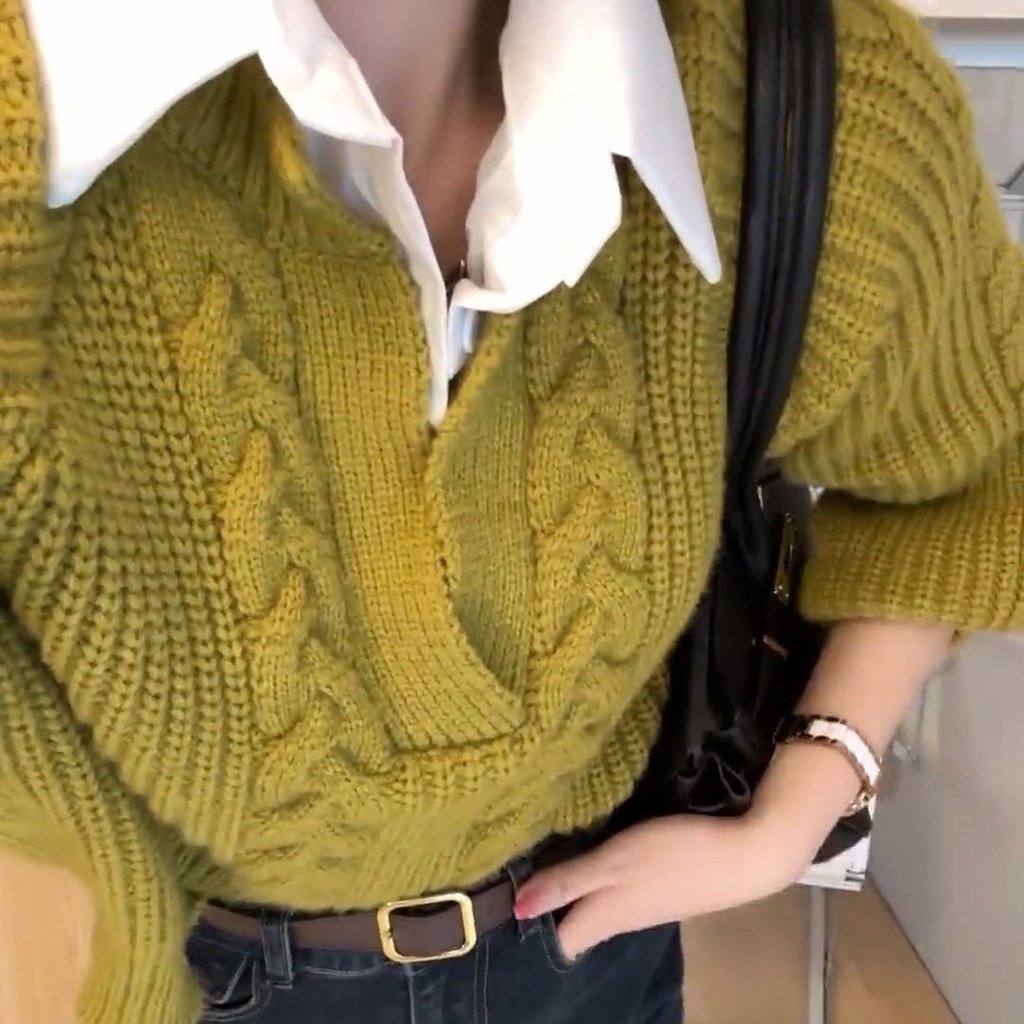 Áo sweater Giả Hai Lớp Cổ polo Dáng Ôm Phong Cách Thời Trang Pháp