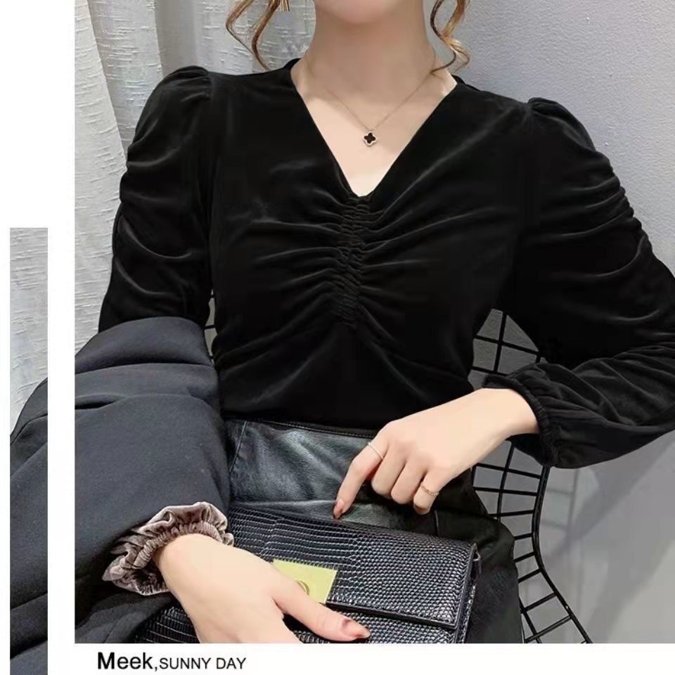 Áo Kiểu Tay Phồng Dài Cổ Chữ v Dáng Rộng Chất Liệu Nhung Vàng Thời Trang Xuân Thu Mới Cho Nữ