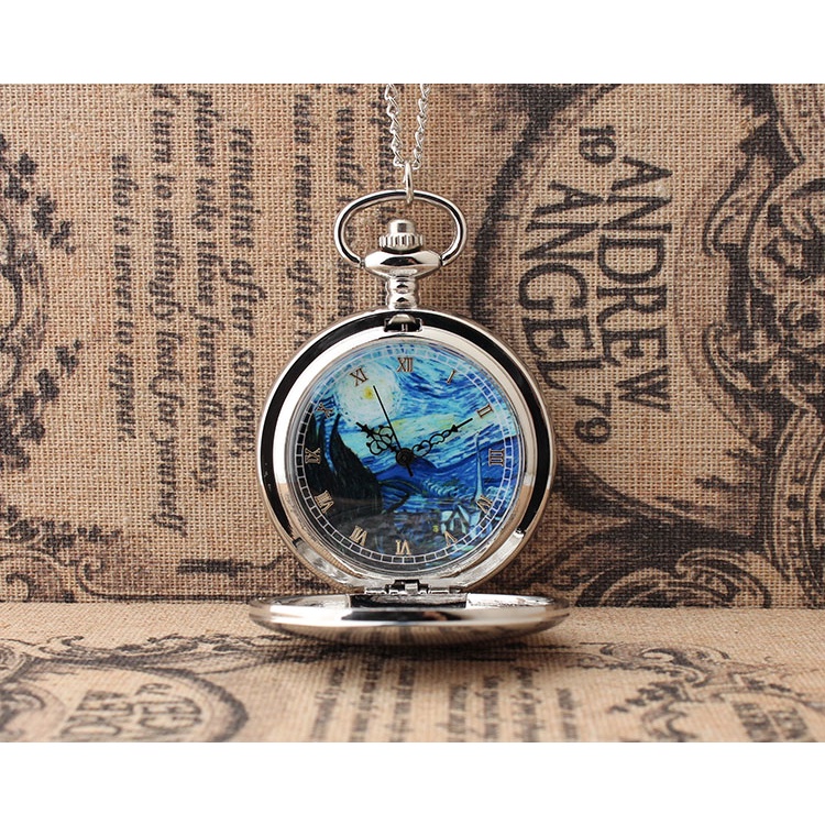 Đồng Hồ Bỏ Túi van gogh Ánh Sáng Trắng Họa Tiết Trăng Sao Phong Cách retro Dễ Phối Đồ Cho Nam