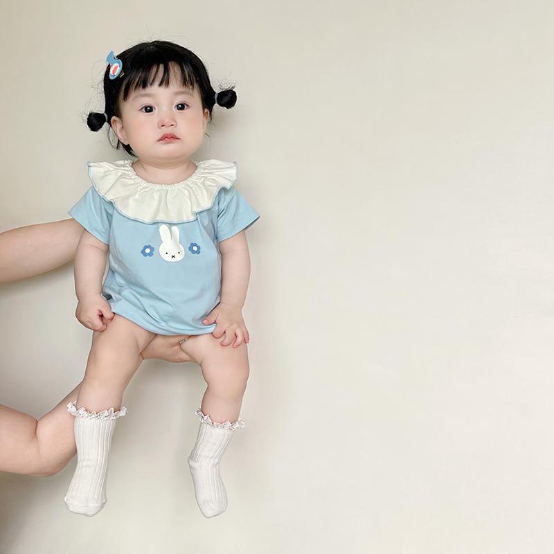 Bộ Áo Liền Quần Tay Ngắn Phối Ren In Hình Thỏ Dễ Thương Thời Trang Xuân Hè Cho Bé Từ 0-24 Tháng Tuổi