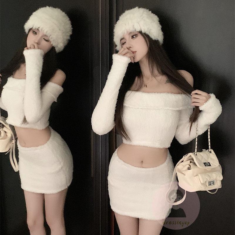 Set Áo Croptop Trễ Vai Tay Dài + Chân Váy Ngắn Màu Sắc Ngọt Ngào Quyến Rũ Cho Nữ