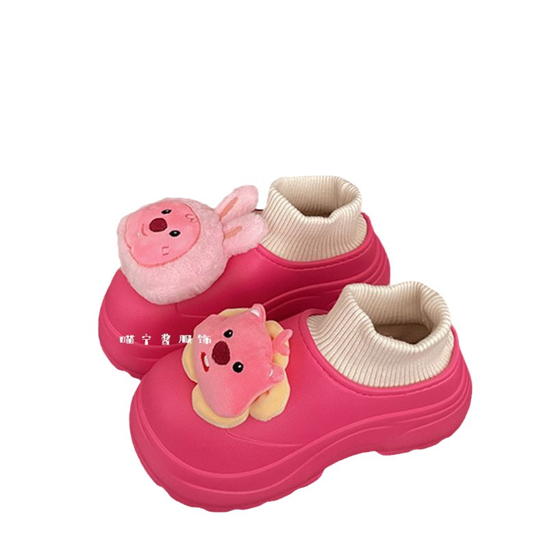 Dép Bông Bông Đi Trong Nhà Đế Dày Ấm Áp Màu Đỏ Đào Trắng Đen