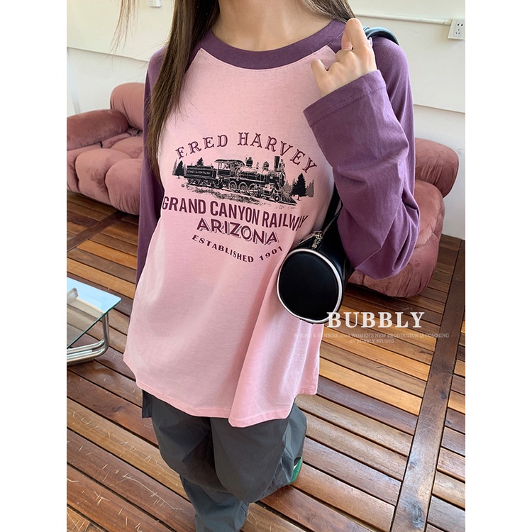 Áo Thun Tay Dài Cổ Tròn In Chữ Màu Sắc Tương Phản Thời Trang Thu Đông Cho Nữ