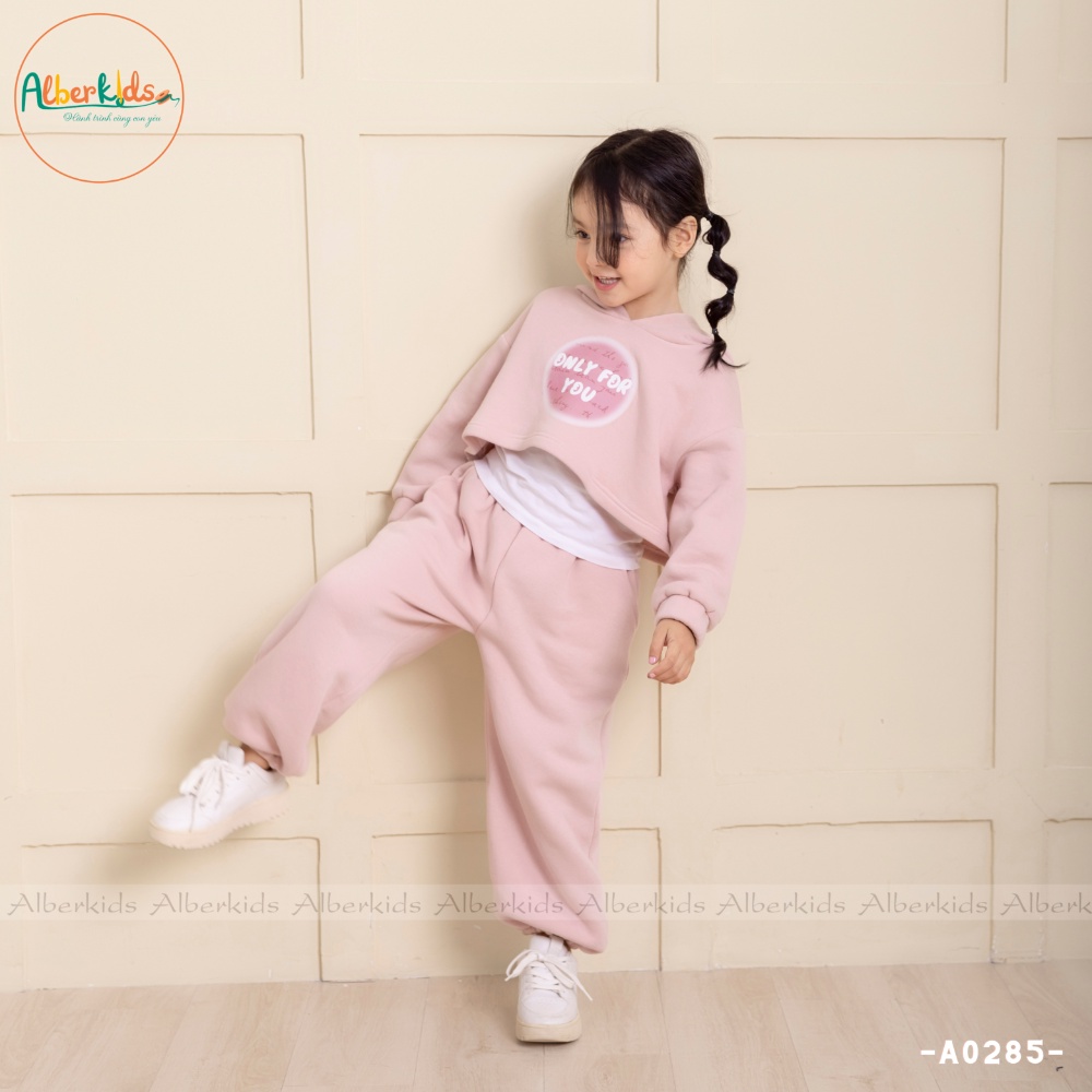 Bộ đồ nỉ Croptop bé gái ALBERKIDS màu hồng xinh xắn cho trẻ em 2,3,4,5,6,7,8,9,10,11,12 tuổi [A0285]