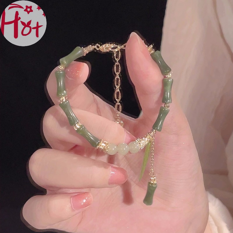 Jr Vòng Tay Chuỗi Hạt Phối Mặt Hình Lá Tre Phong Cách Trung Hoa