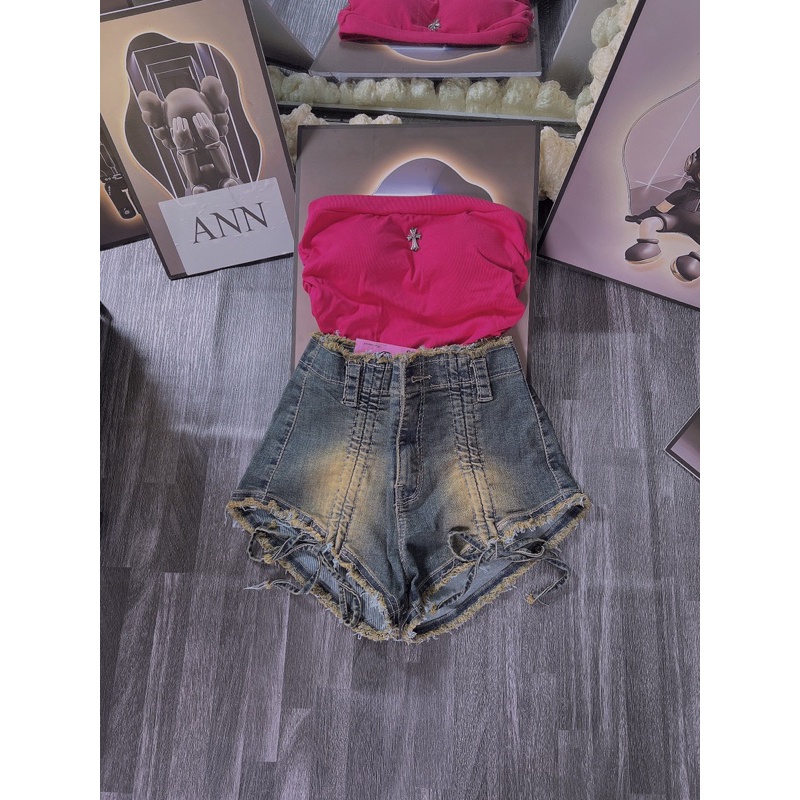 Set áo cúp chữ thập nhún sườn có mút và quần short jean co giãn xanh dơ rút dây 2 bên