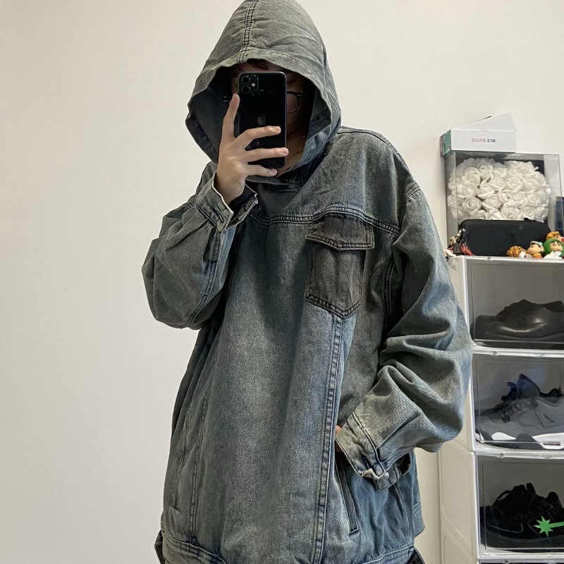 Áo Khoác Jean Tay Dài Có Nón Phong Cách harajuku Nhật Bản Cho Nam Nữ