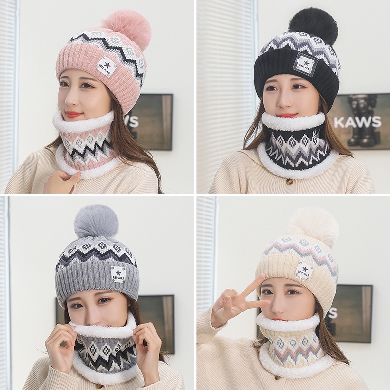 Hunyde set 2 Mũ beanie Trùm Đầu Kèm Khăn Choàng Cổ Giữ Ấm Cho Nữ