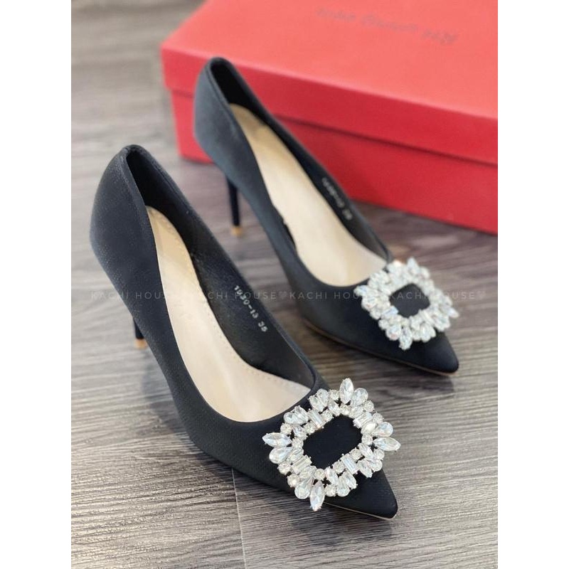 Giày Cao Gót Da Mịn Nơ Đính Đá Vuông Gót Đũa Trẻ Trung Thời Trang MARYSHOP