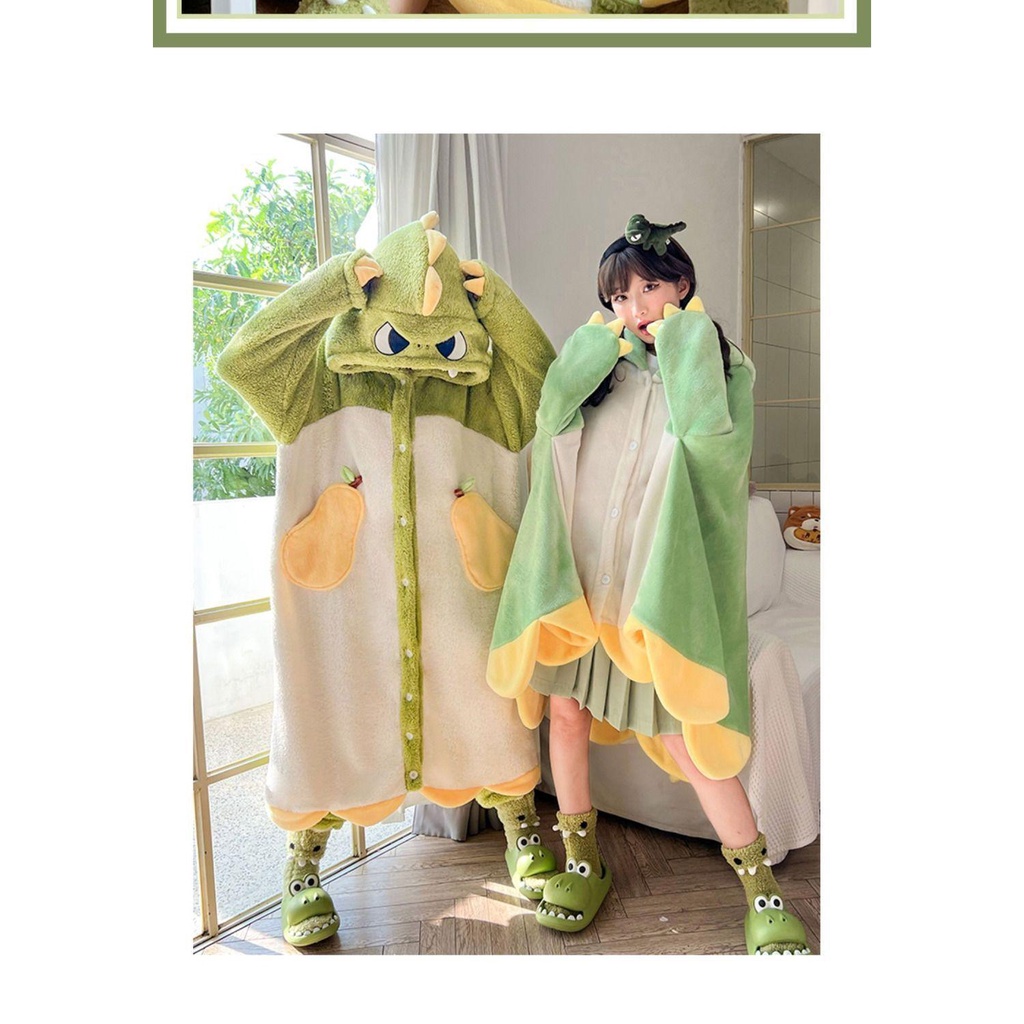 Bộ Đồ Ngủ Lông Cừu San Hô Dày Dặn Hình Cáo Nhỏ Khủng Long Mùa Thu Đông Cho Nữ