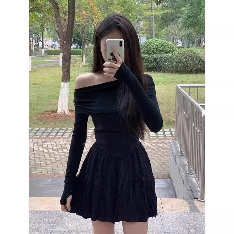 COZOK Đầm Tay Dài Hở Vai Dáng Chữ A Phong Cách Thời Trang Hàn Quốc